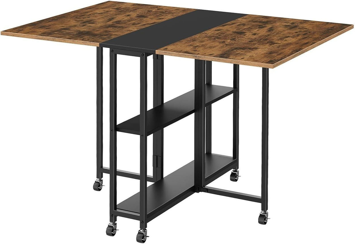 Foldable Movable Dining Table with Wheels & 2 - Tier Shelf Rustic Brown - Kwikley
