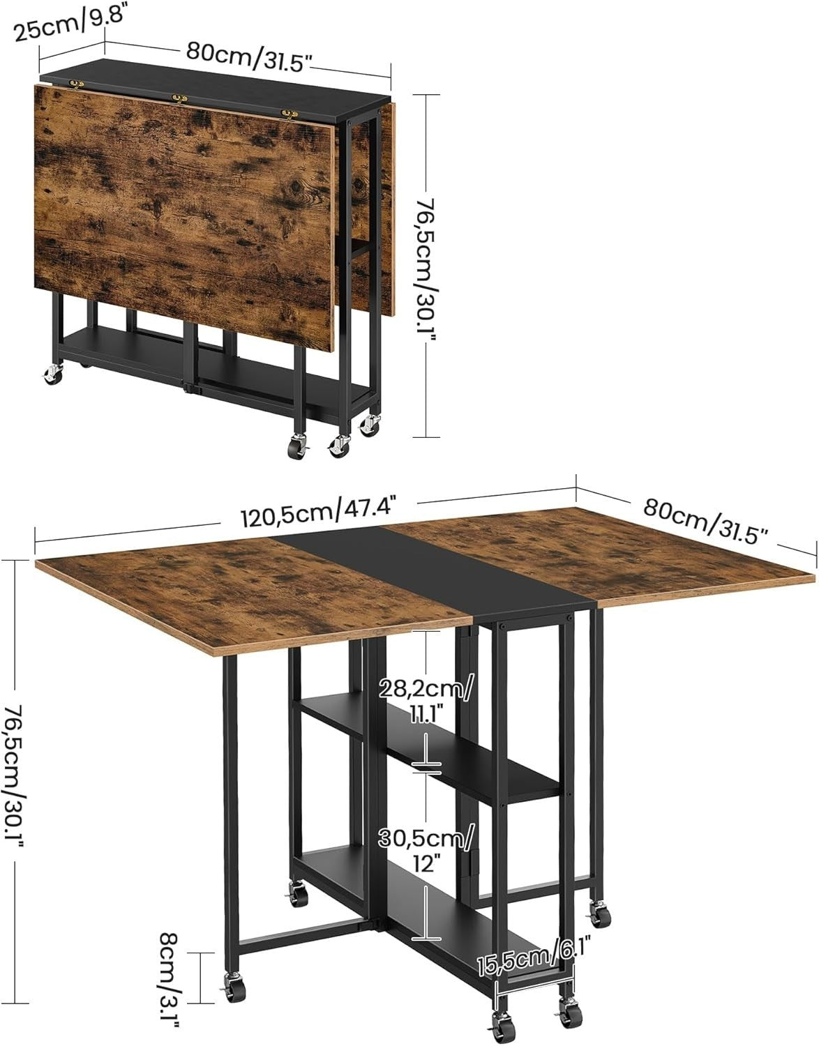 Foldable Movable Dining Table with Wheels & 2 - Tier Shelf Rustic Brown - Kwikley