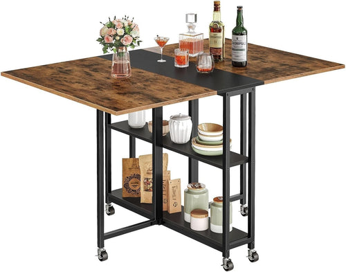 Foldable Movable Dining Table with Wheels & 2 - Tier Shelf Rustic Brown - Kwikley