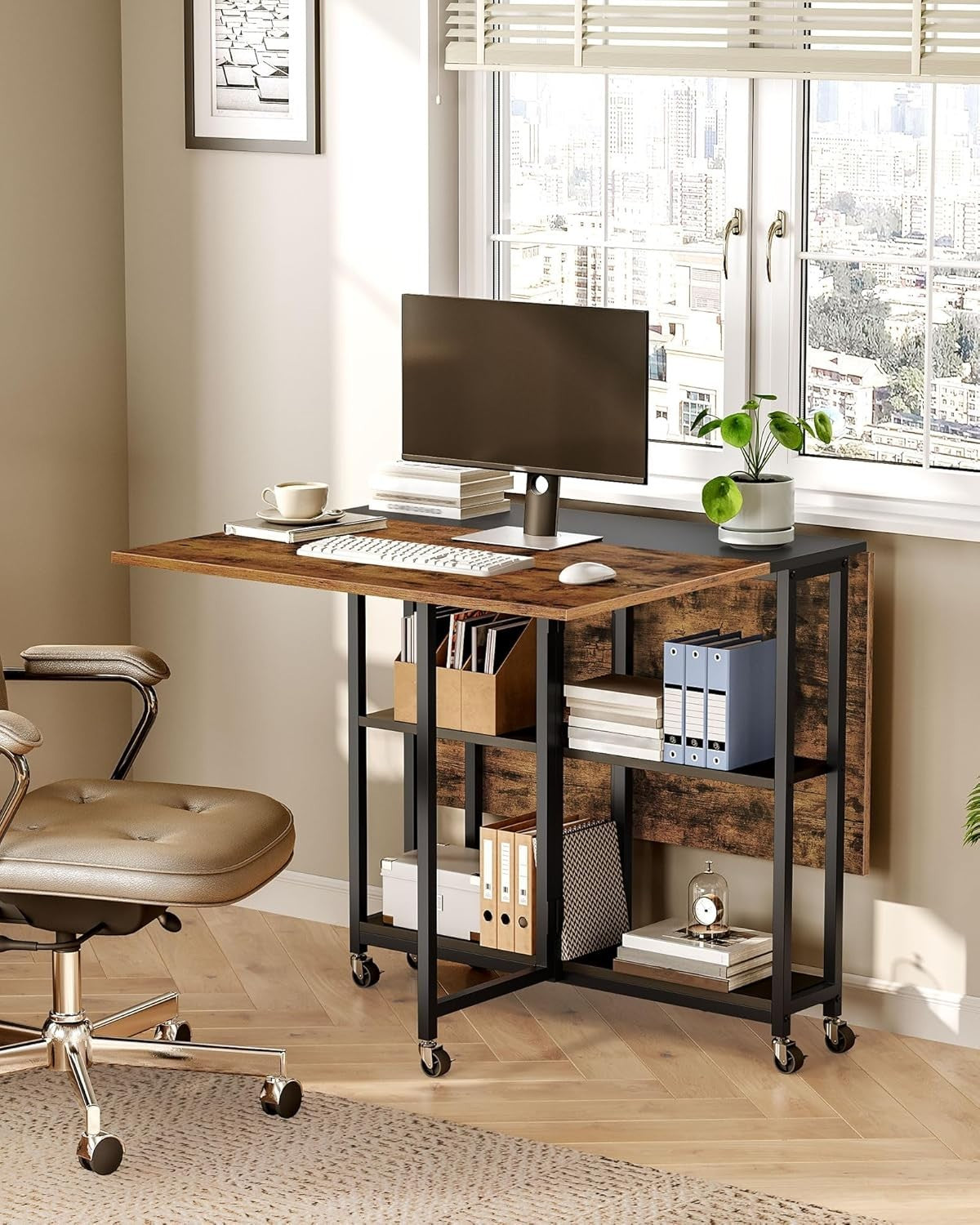Foldable Movable Dining Table with Wheels & 2 - Tier Shelf Rustic Brown - Kwikley
