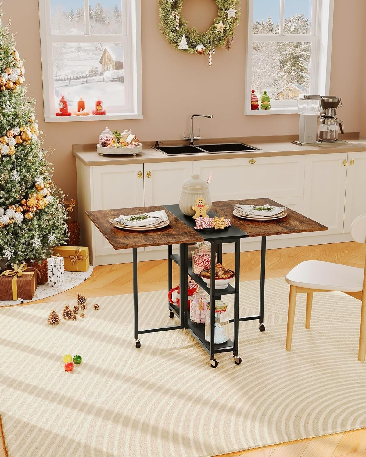 Foldable Movable Dining Table with Wheels & 2 - Tier Shelf Rustic Brown - Kwikley