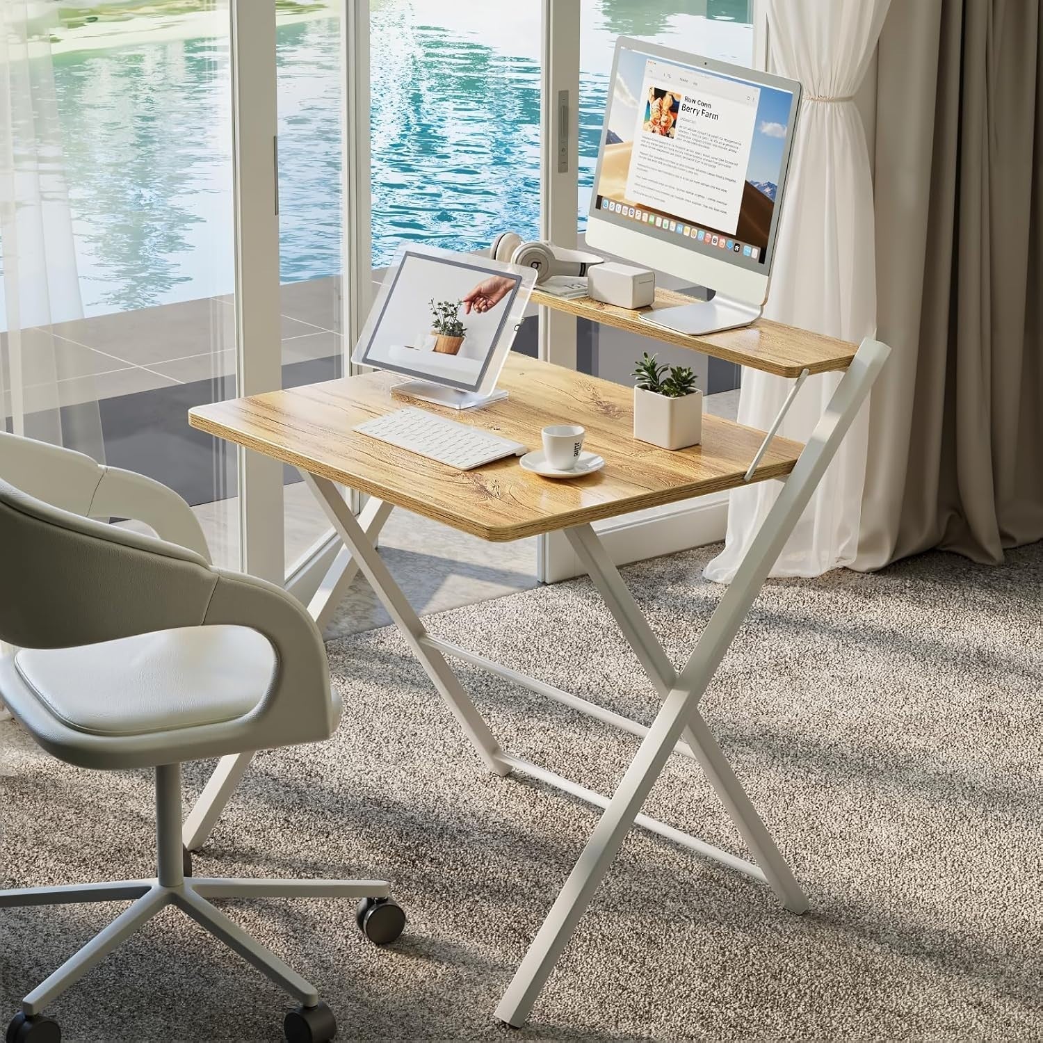 Foldable Oak Computer Desk w/Monitor Shelf Small Space Table 82cm - Kwikley