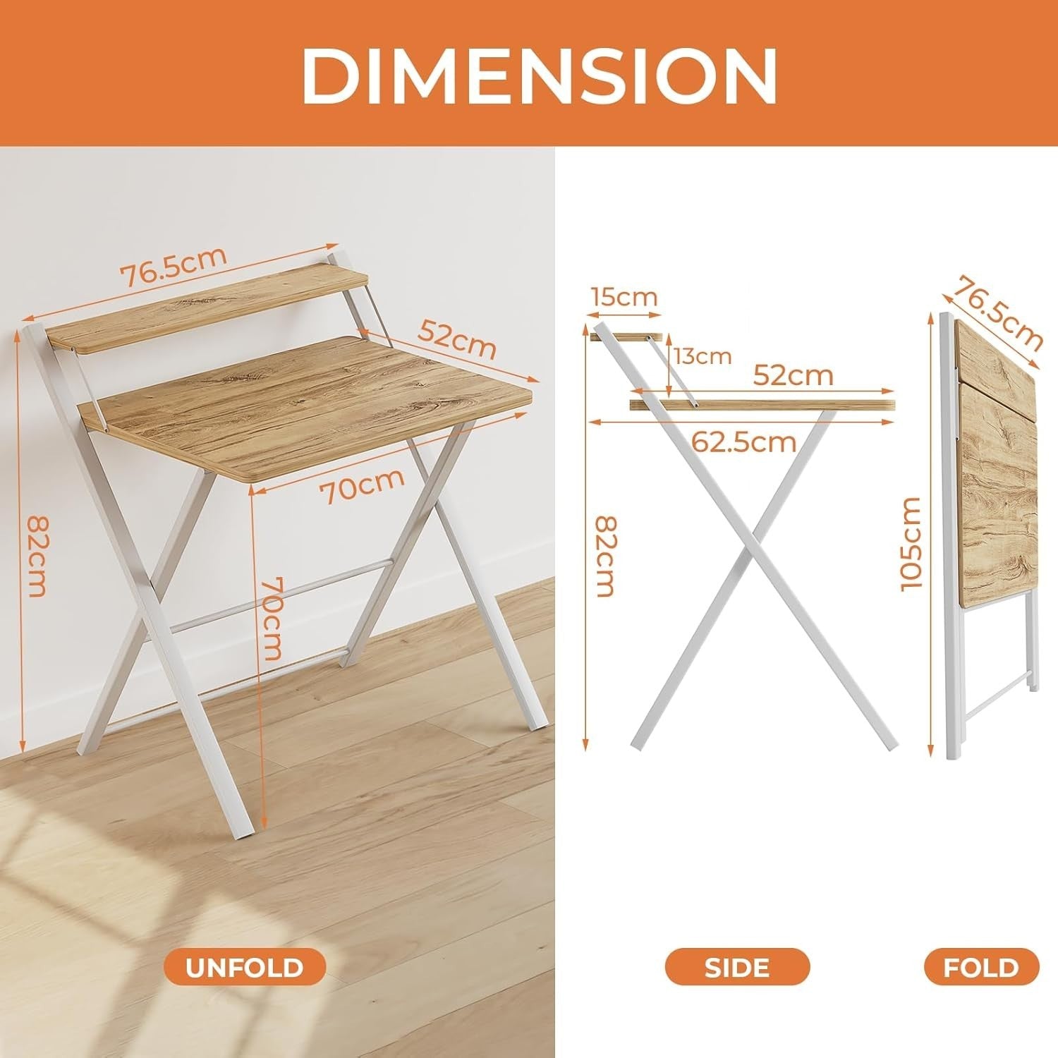 Foldable Oak Computer Desk w/Monitor Shelf Small Space Table 82cm - Kwikley