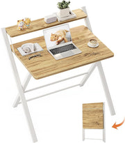 Foldable Oak Computer Desk w/Monitor Shelf Small Space Table 82cm - Kwikley