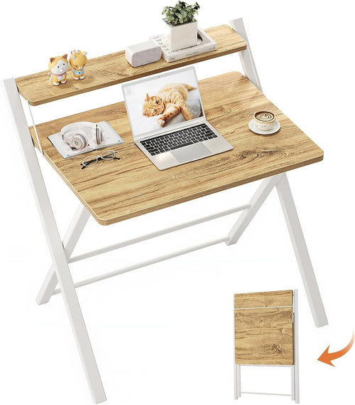 Foldable Oak Computer Desk w/Monitor Shelf Small Space Table 82cm - Kwikley