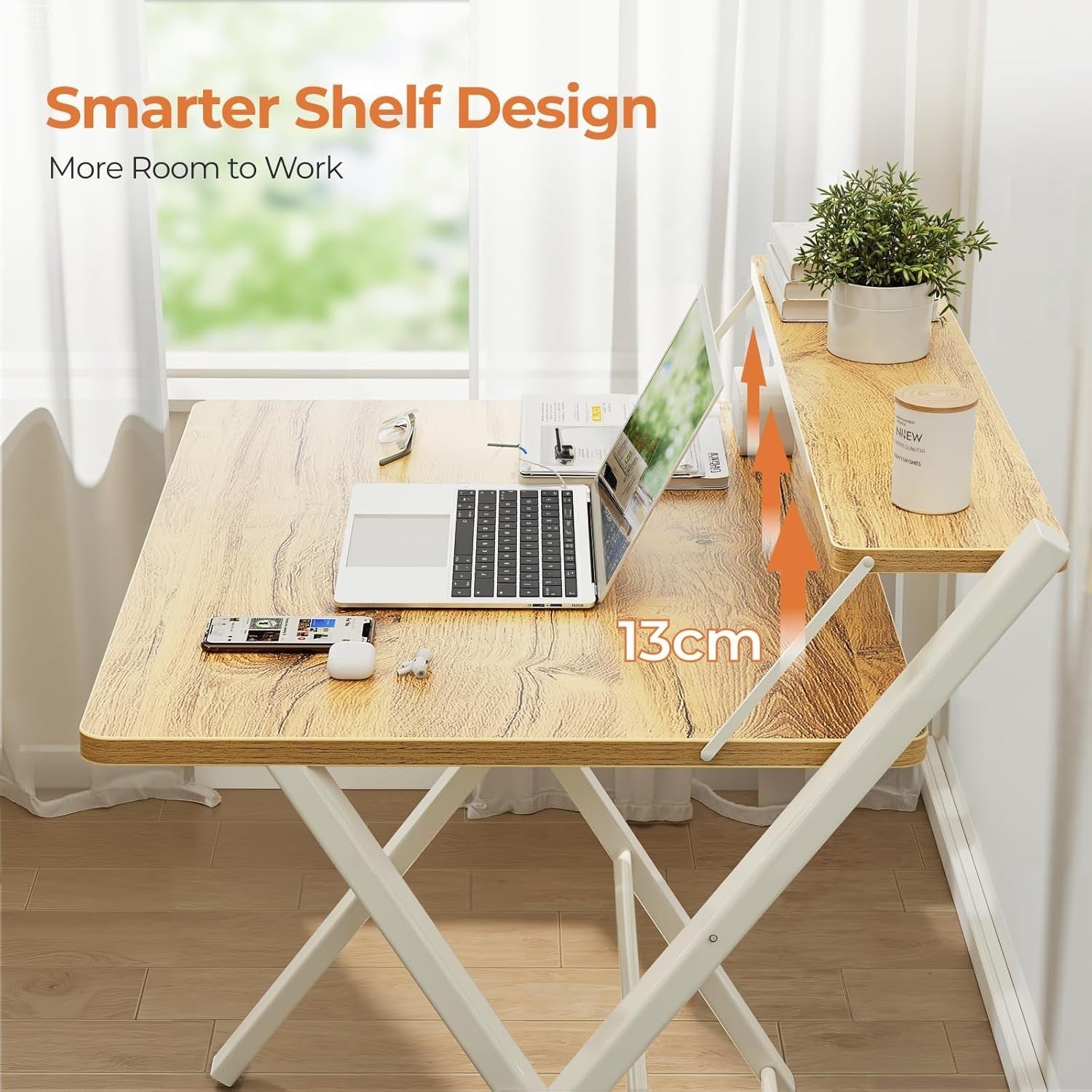 Foldable Oak Computer Desk w/Monitor Shelf Small Space Table 82cm - Kwikley
