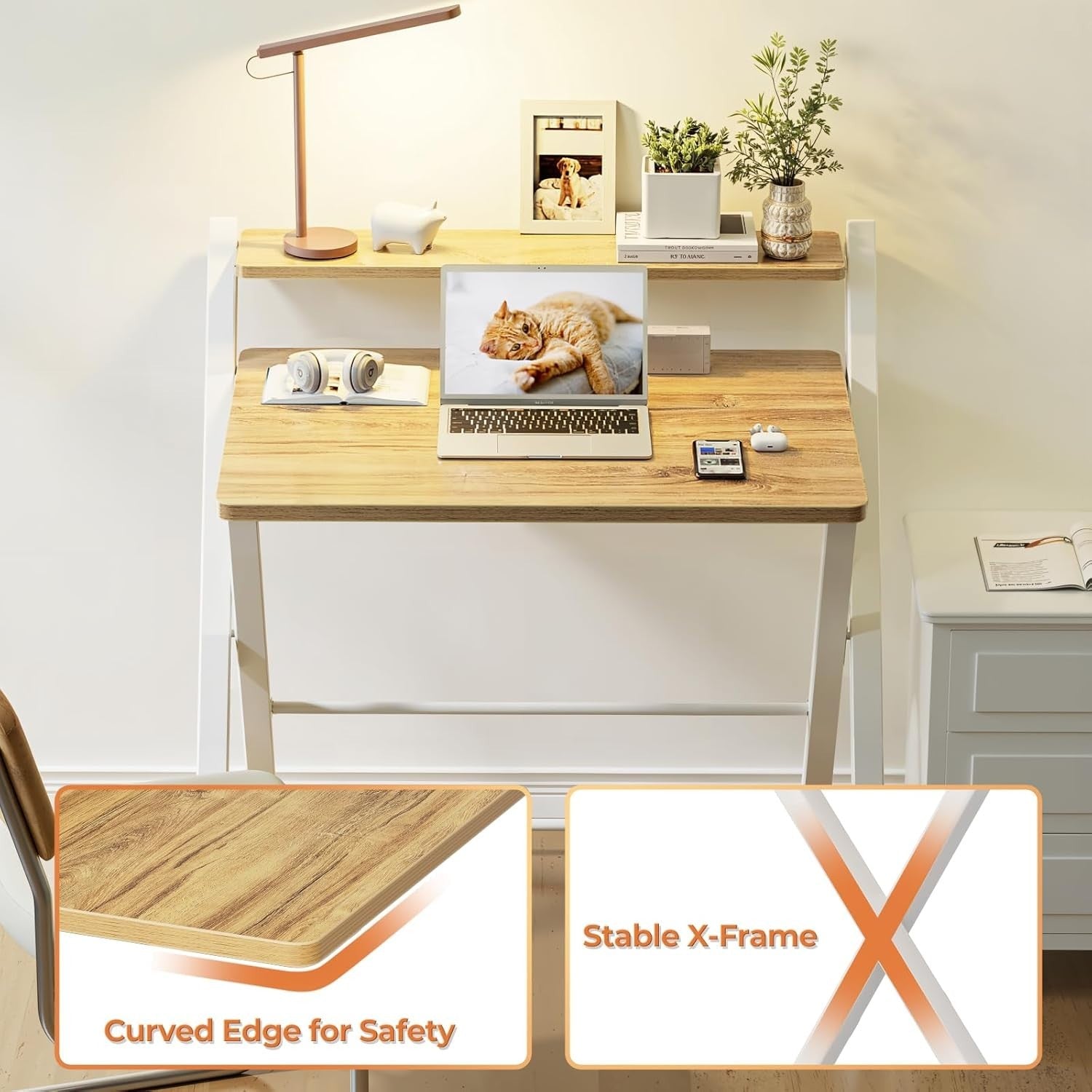 Foldable Oak Computer Desk w/Monitor Shelf Small Space Table 82cm - Kwikley