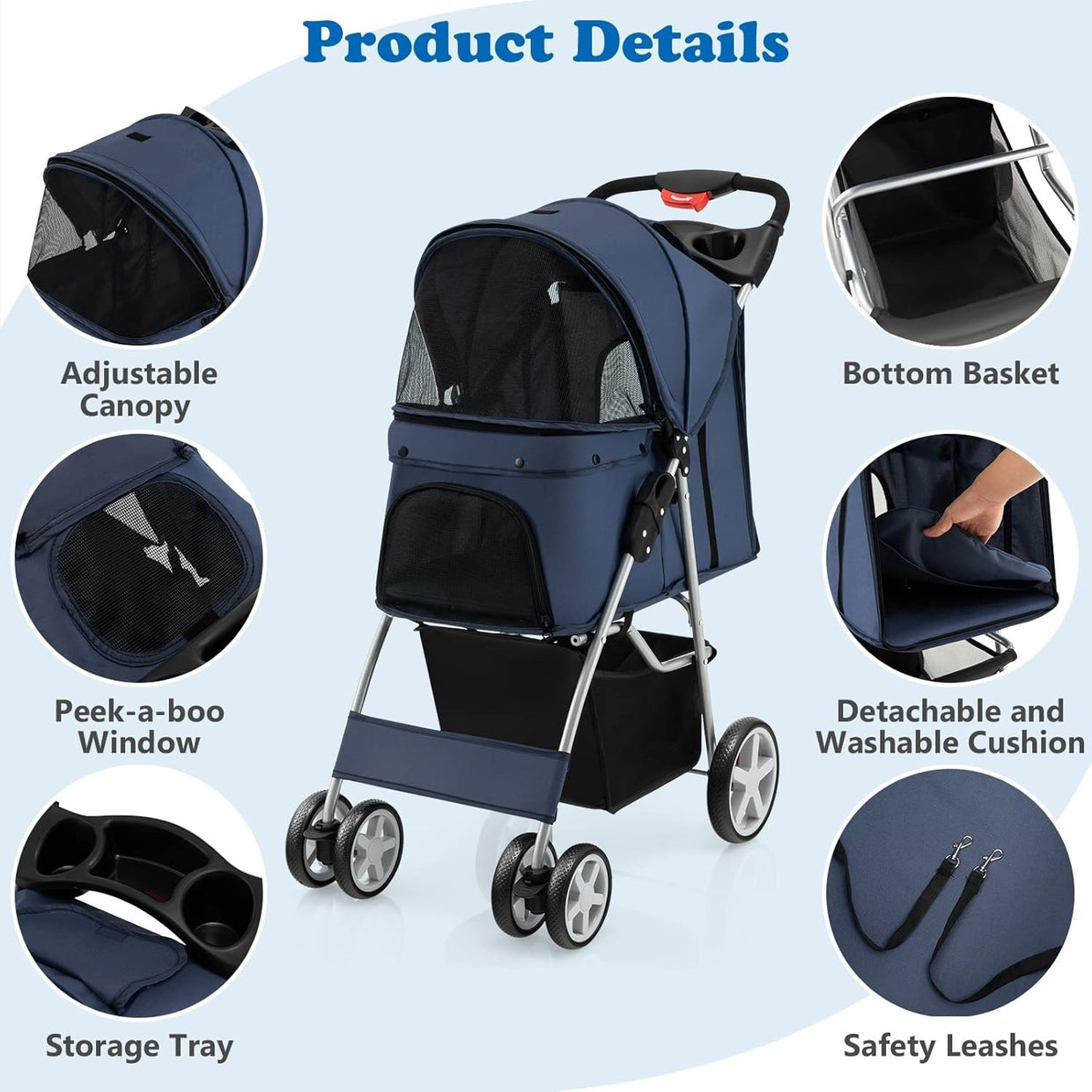Foldable Pet Buggy Dog Cat Pram Pushchair Canopy Storage 15kg - Kwikley