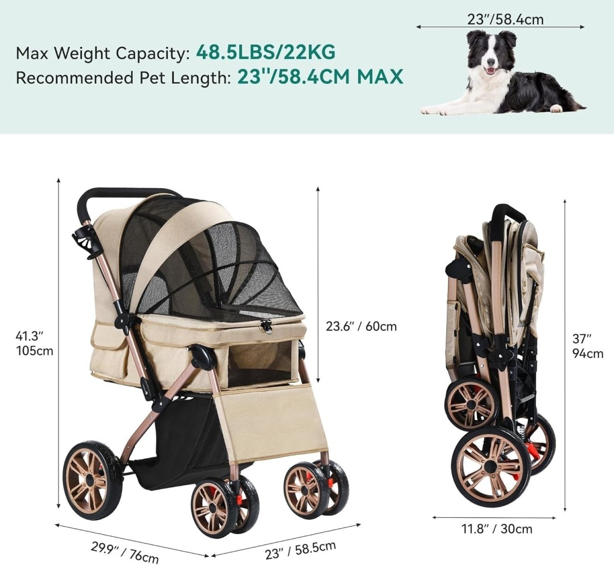 Foldable Pet Buggy Dog Stroller Reversible Handle 360° Wheels 22kg - Kwikley