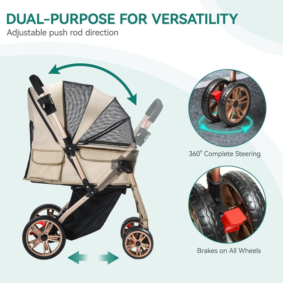 Foldable Pet Buggy Dog Stroller Reversible Handle 360° Wheels 22kg - Kwikley