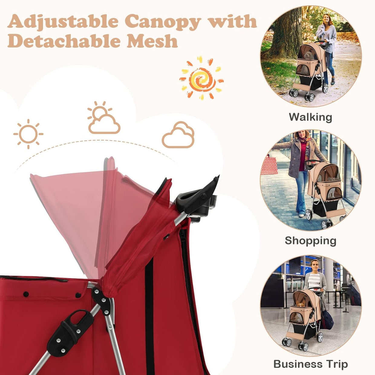 Foldable Pet Stroller 4 Wheel Lockable Cat Travel Pushchair Safety Belt - Kwikley