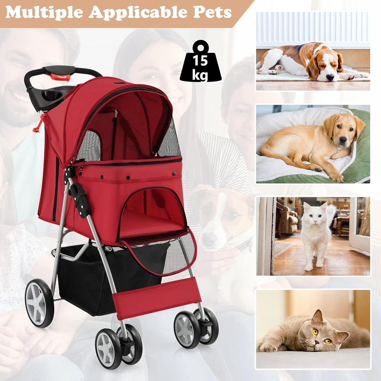 Foldable Pet Stroller 4 Wheel Lockable Cat Travel Pushchair Safety Belt - Kwikley