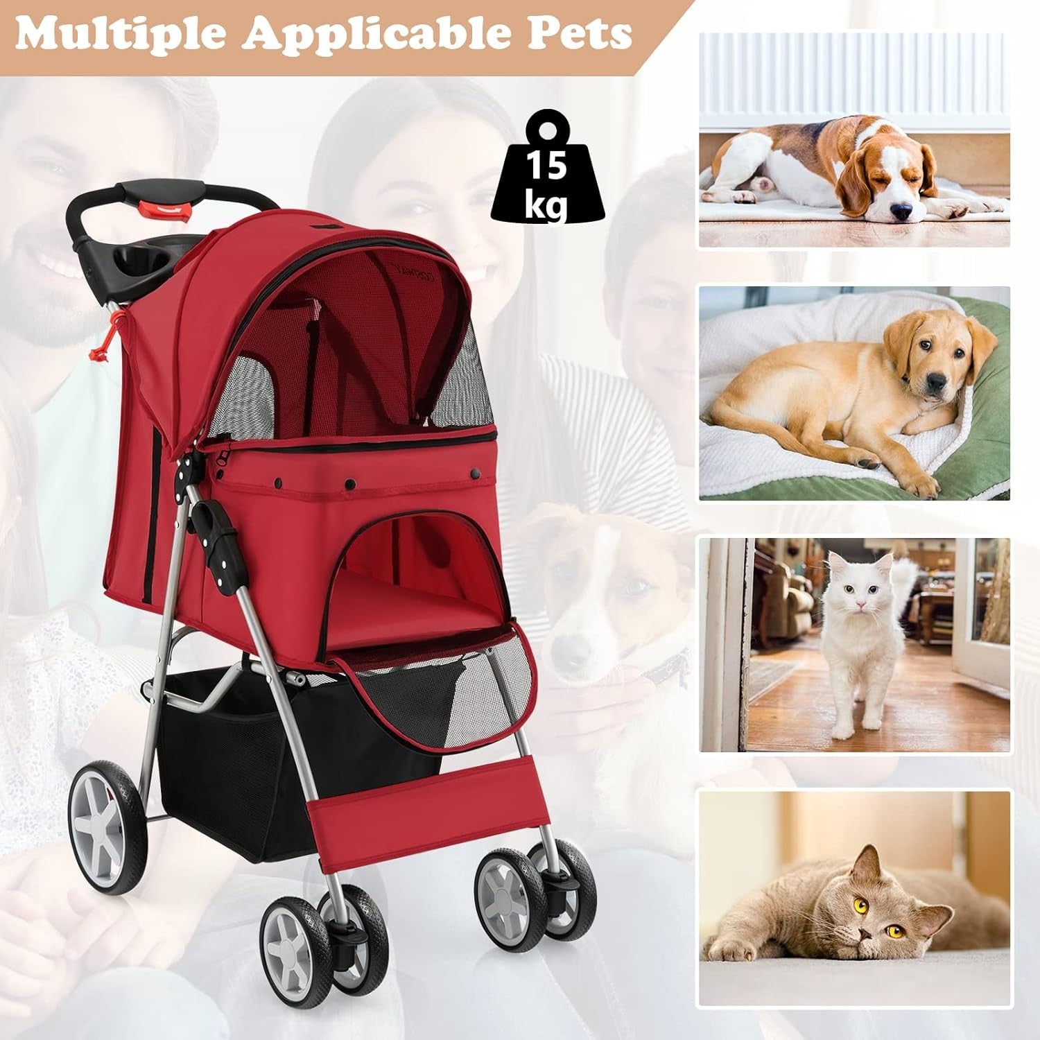 Foldable Pet Stroller 4 Wheel Lockable Cat Travel Pushchair Safety Belt - Kwikley