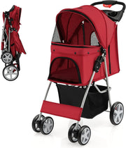 Foldable Pet Stroller 4 Wheel Lockable Cat Travel Pushchair Safety Belt - Kwikley