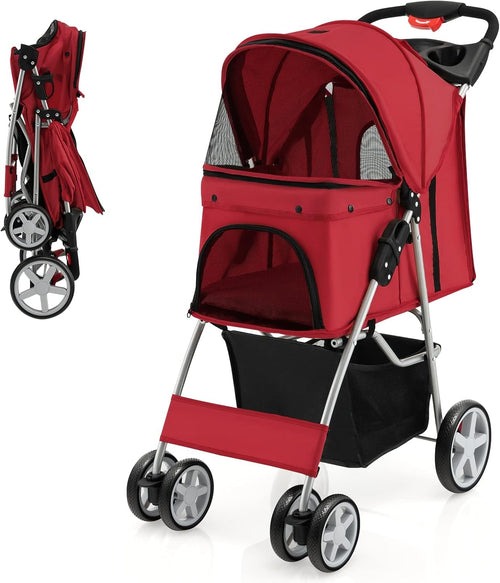 Foldable Pet Stroller 4 Wheel Lockable Cat Travel Pushchair Safety Belt - Kwikley