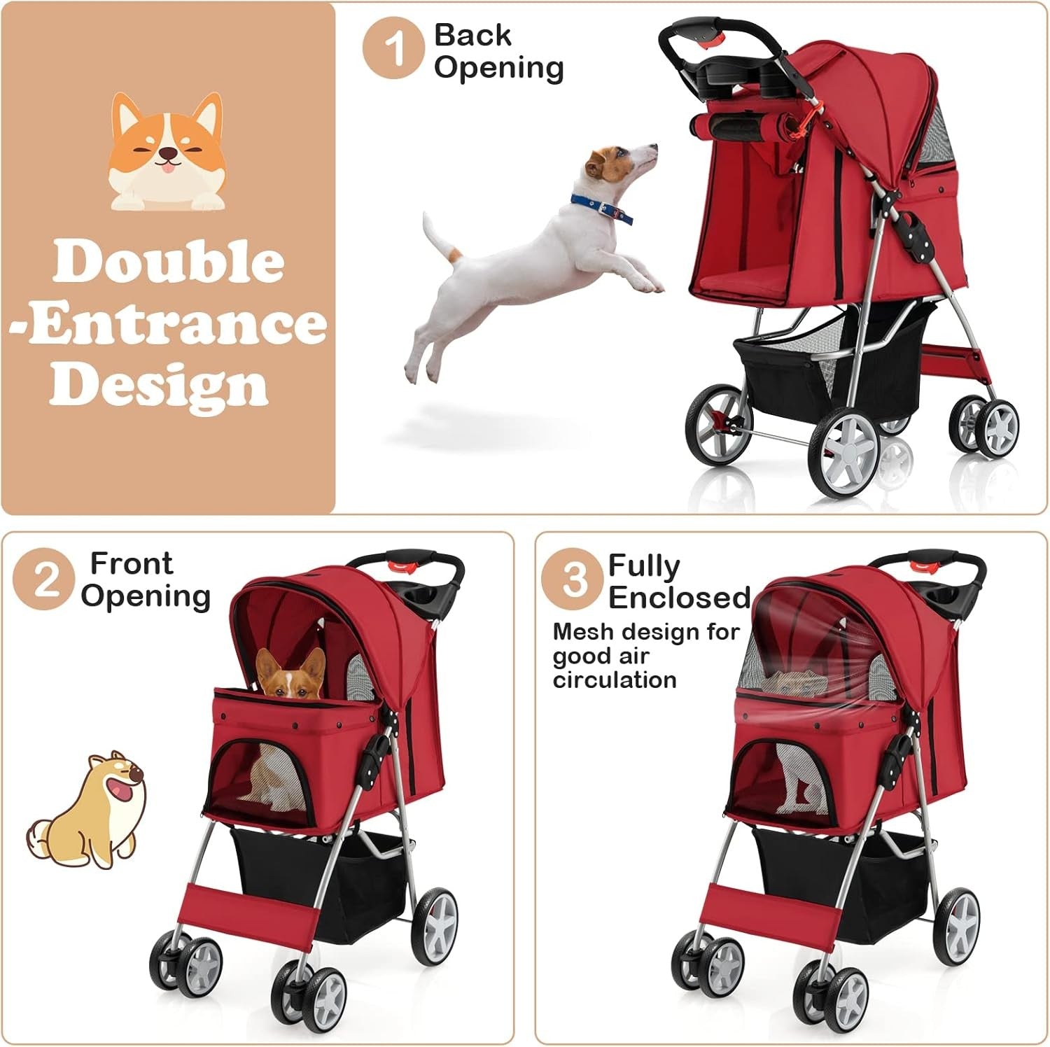Foldable Pet Stroller 4 Wheel Lockable Cat Travel Pushchair Safety Belt - Kwikley