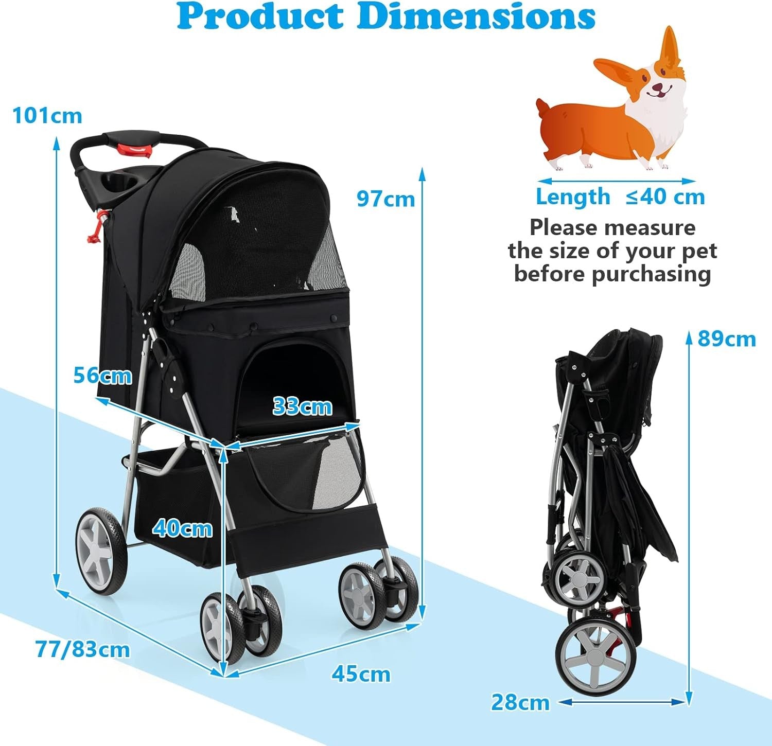 Foldable Pet Stroller 4 Wheel Lockable Dog Cat Travel Pushchair Safety Belt - Kwikley