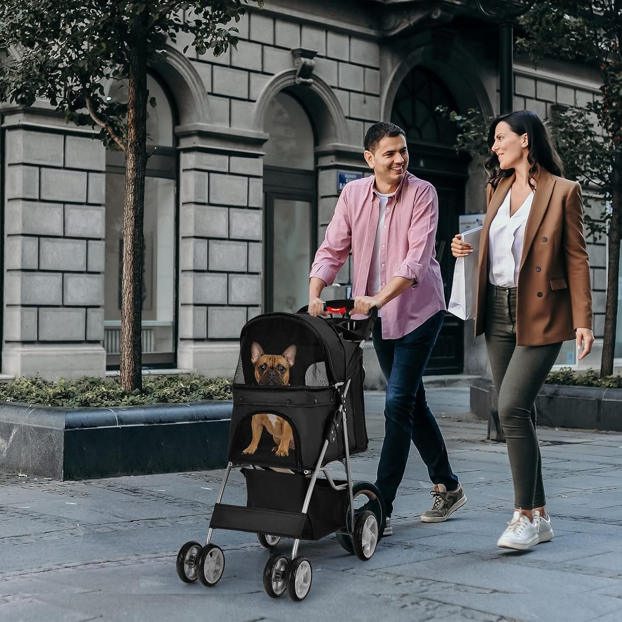 Foldable Pet Stroller 4 Wheel Lockable Dog Cat Travel Pushchair Safety Belt - Kwikley