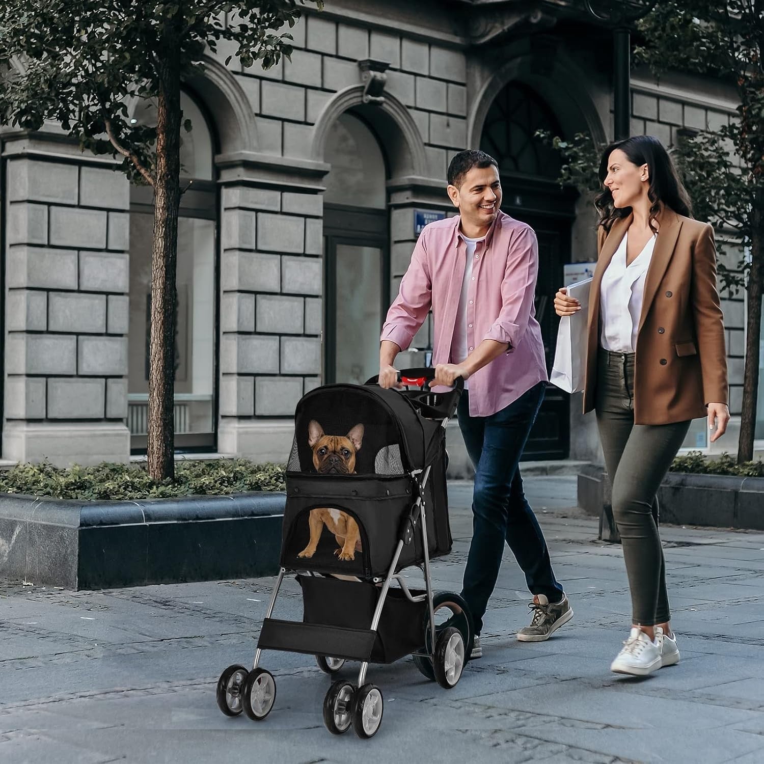 Foldable Pet Stroller 4 Wheel Lockable Dog Cat Travel Pushchair Safety Belt - Kwikley
