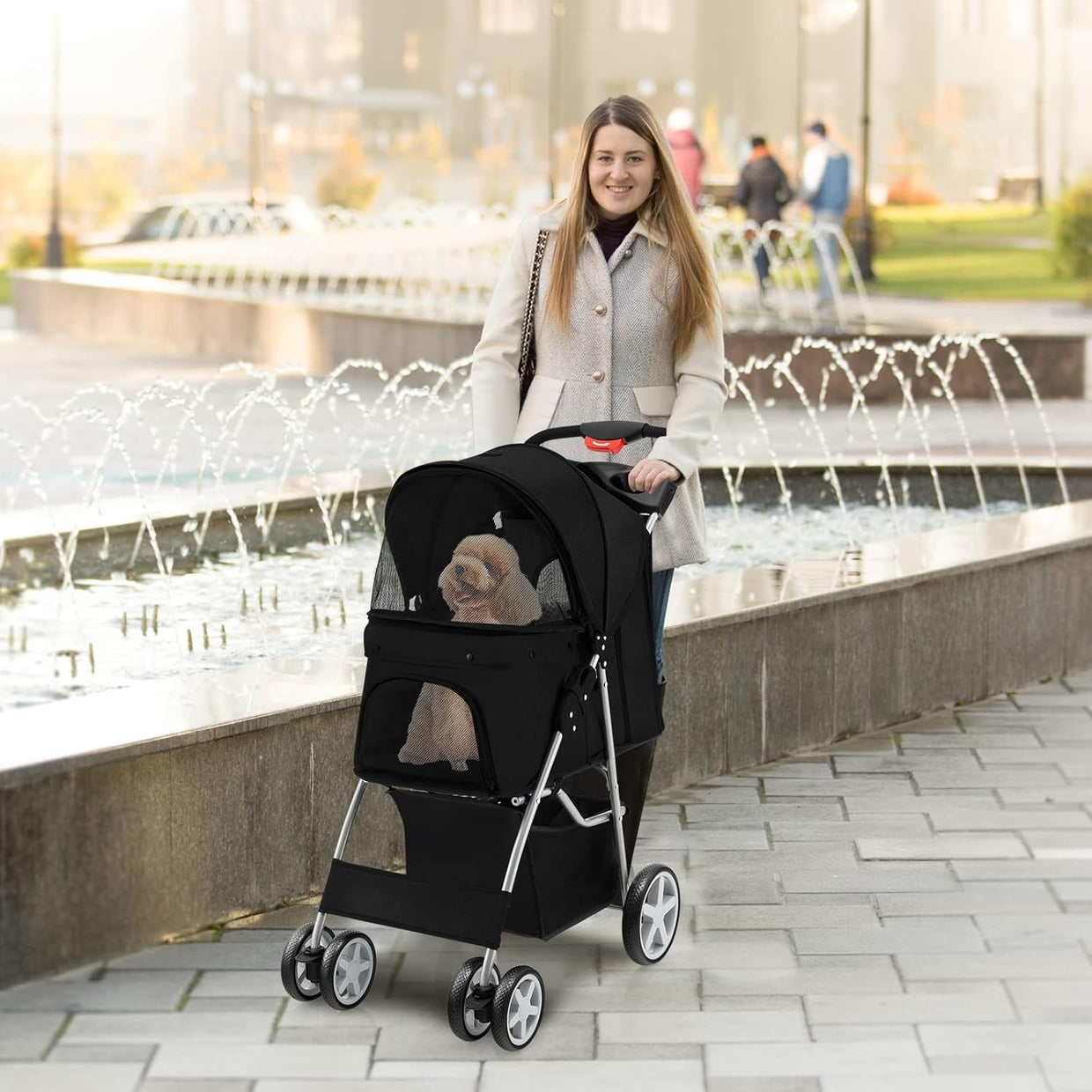 Foldable Pet Stroller 4 Wheel Lockable Dog Cat Travel Pushchair Safety Belt - Kwikley