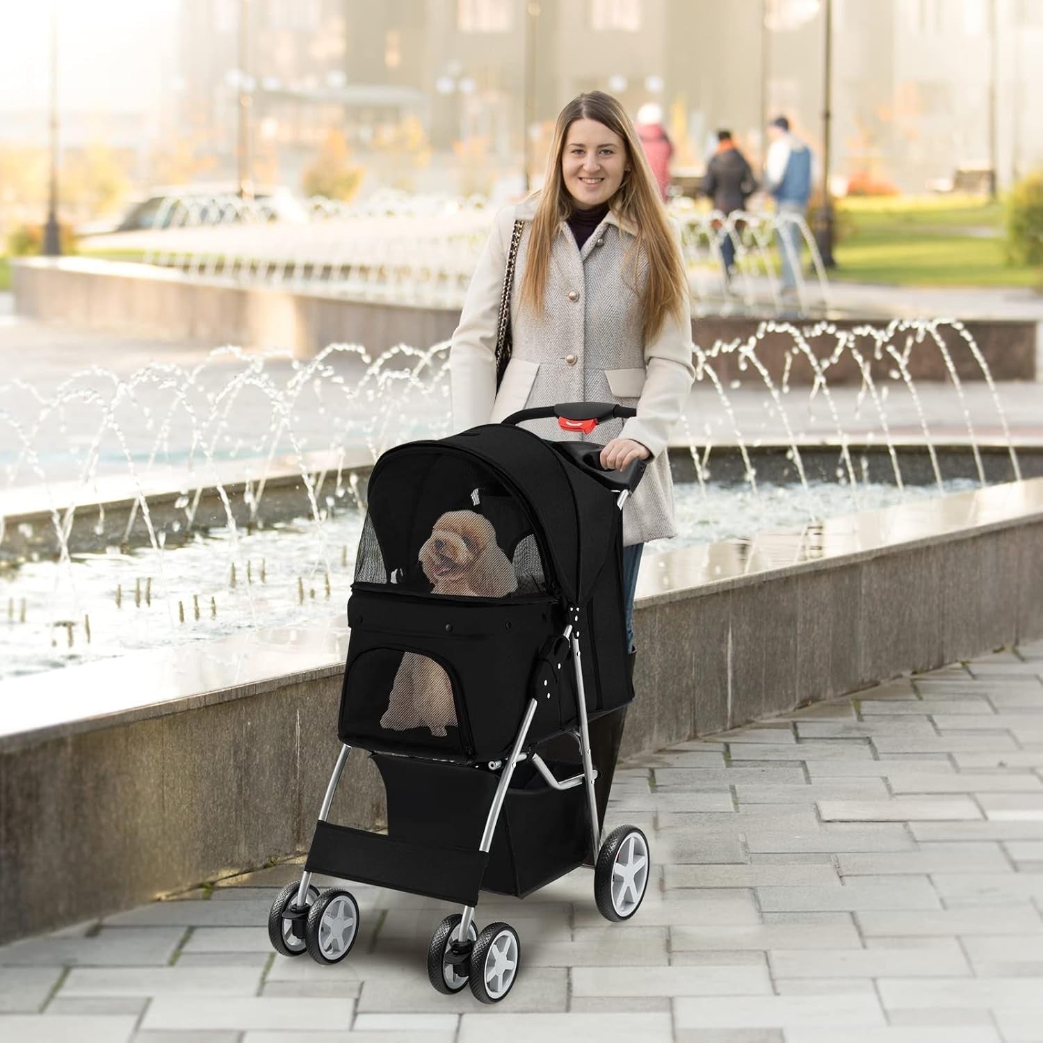 Foldable Pet Stroller 4 Wheel Lockable Dog Cat Travel Pushchair Safety Belt - Kwikley