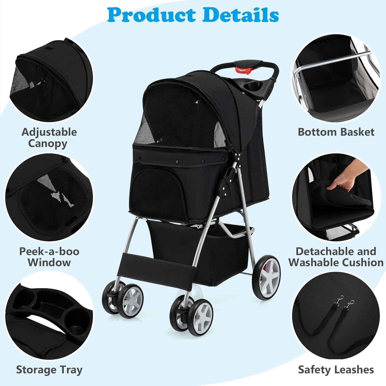 Foldable Pet Stroller 4 Wheel Lockable Dog Cat Travel Pushchair Safety Belt - Kwikley