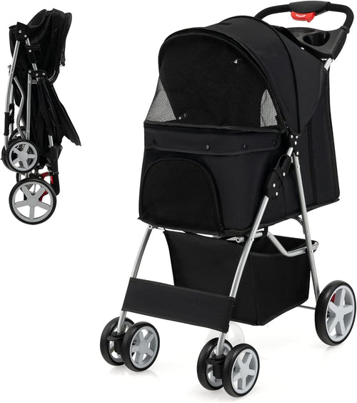 Foldable Pet Stroller 4 Wheel Lockable Dog Cat Travel Pushchair Safety Belt - Kwikley