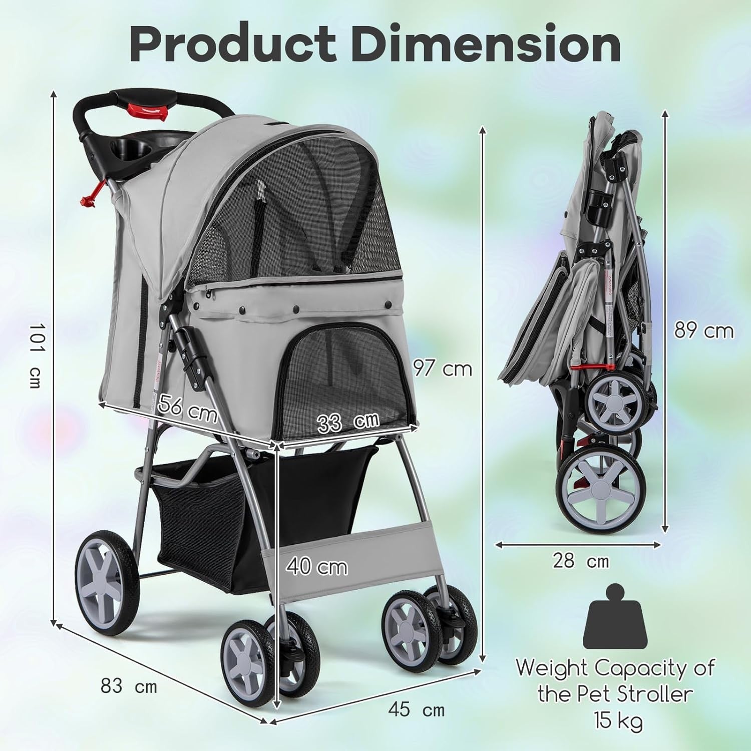 Foldable Pet Stroller 4 Wheel Lockable Dog Travel Pushchair Safety Belt - Kwikley