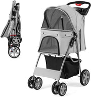 Foldable Pet Stroller 4 Wheel Lockable Dog Travel Pushchair Safety Belt - Kwikley