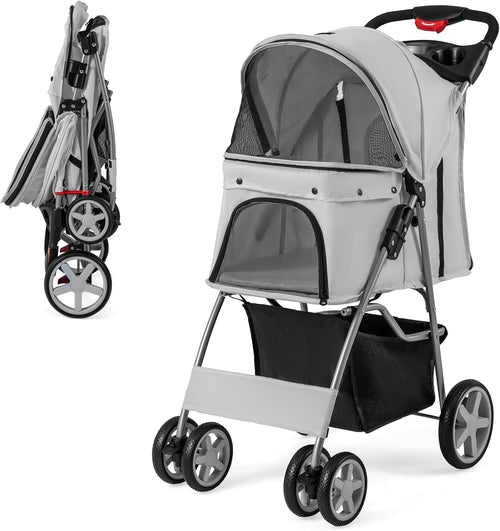 Foldable Pet Stroller 4 Wheel Lockable Dog Travel Pushchair Safety Belt - Kwikley