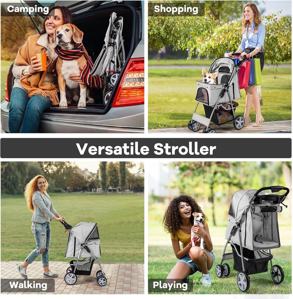 Foldable Pet Stroller 4 Wheel Lockable Dog Travel Pushchair Safety Belt - Kwikley