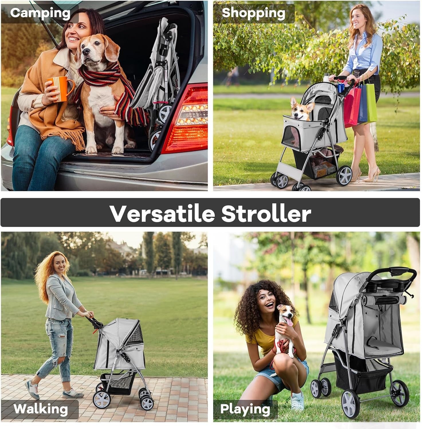 Foldable Pet Stroller 4 Wheel Lockable Dog Travel Pushchair Safety Belt - Kwikley