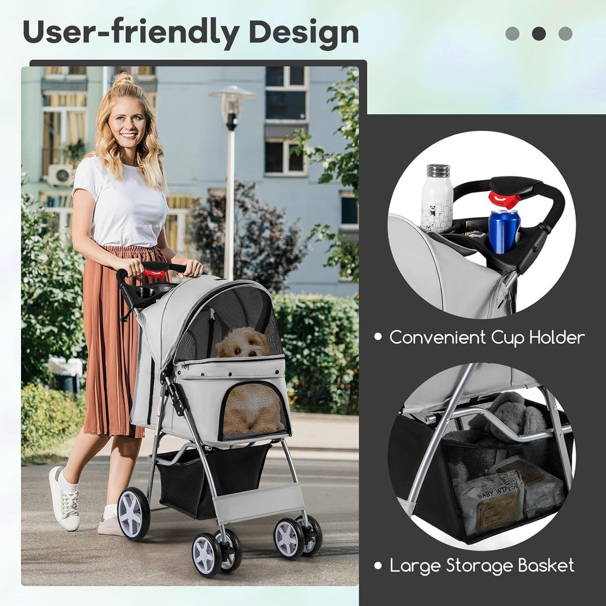 Foldable Pet Stroller 4 Wheel Lockable Dog Travel Pushchair Safety Belt - Kwikley
