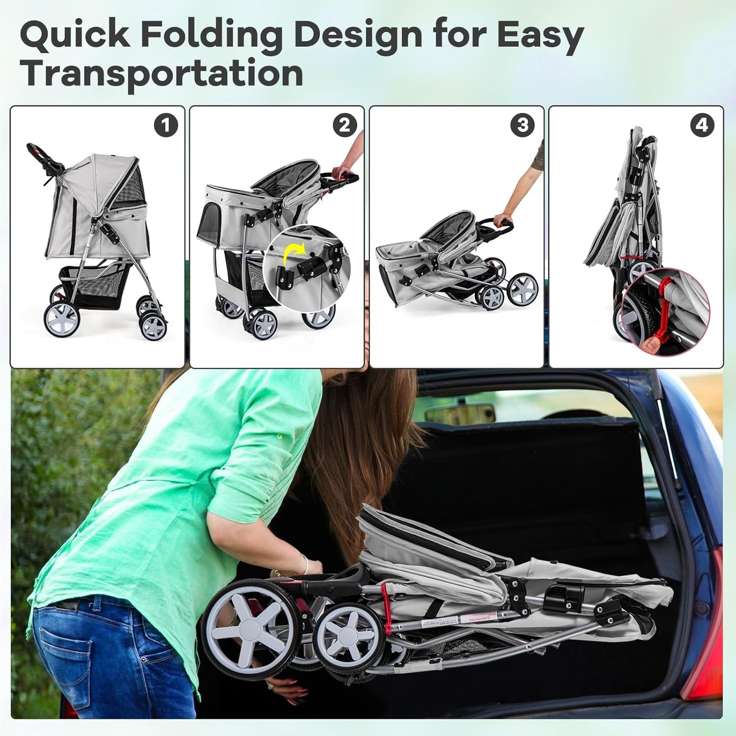 Foldable Pet Stroller 4 Wheel Lockable Dog Travel Pushchair Safety Belt - Kwikley