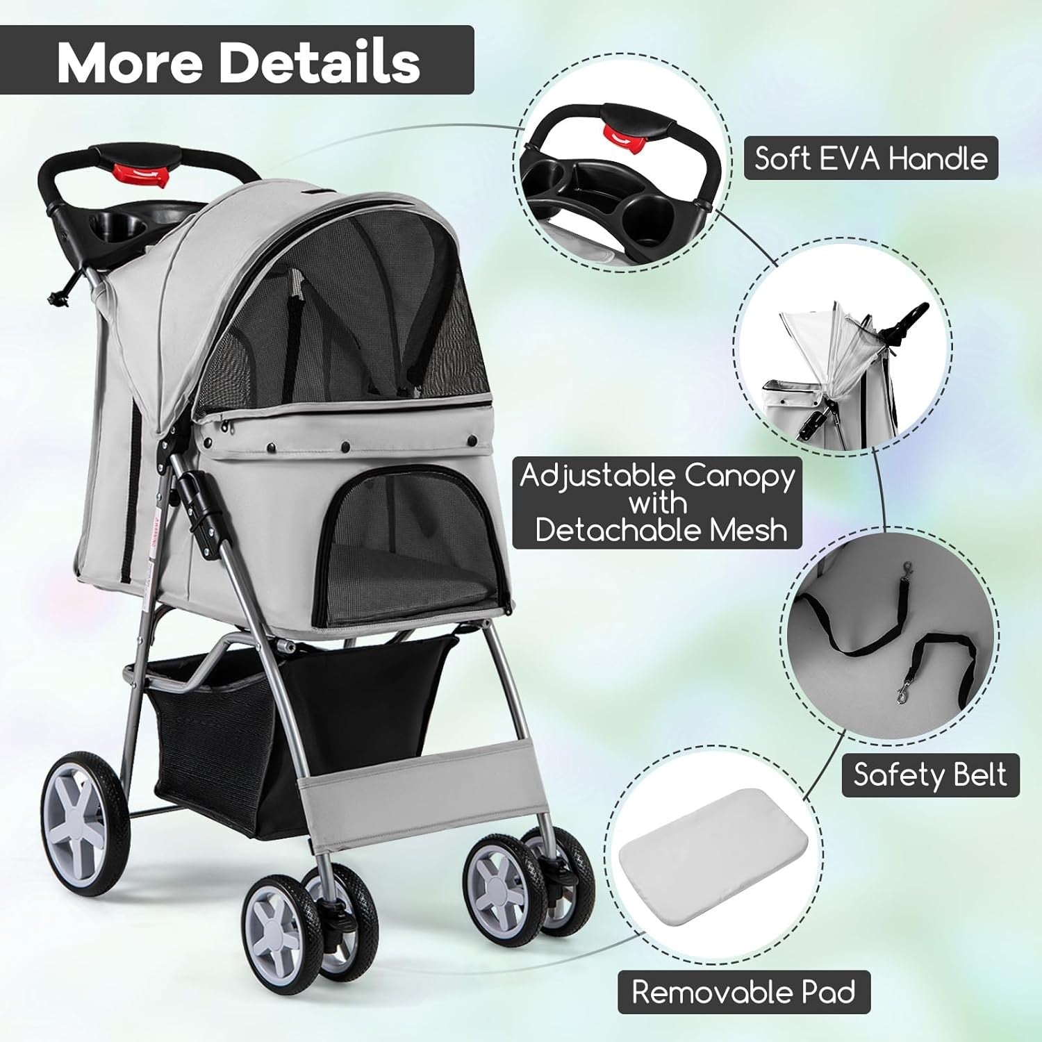 Foldable Pet Stroller 4 Wheel Lockable Dog Travel Pushchair Safety Belt - Kwikley