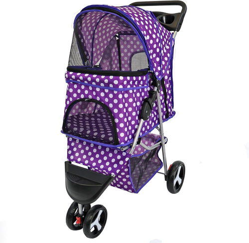 Foldable Pet Stroller 4 Wheel Puppy Pushchair Weather Cover Purple Dot - Kwikley
