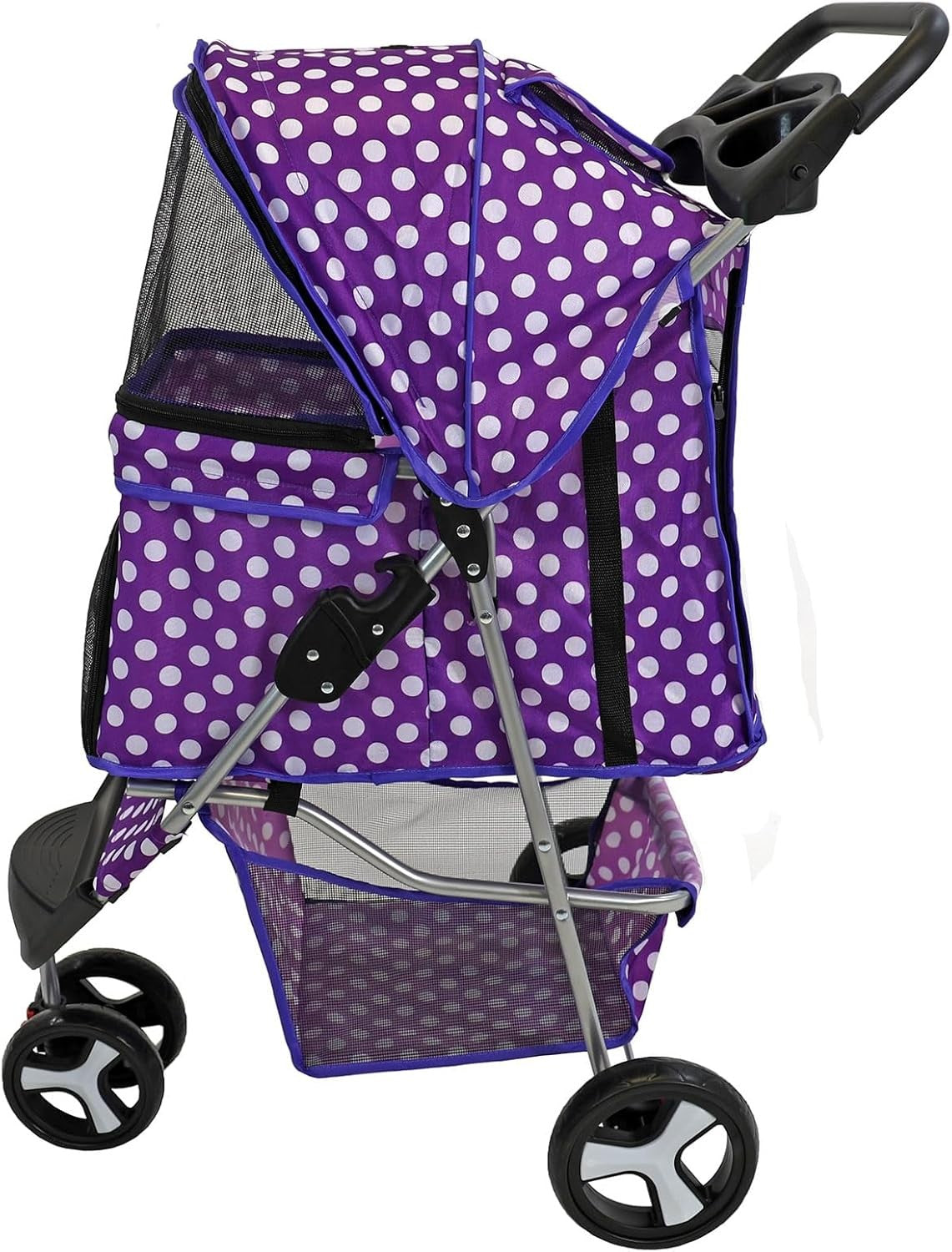 Foldable Pet Stroller 4 Wheel Puppy Pushchair Weather Cover Purple Dot - Kwikley