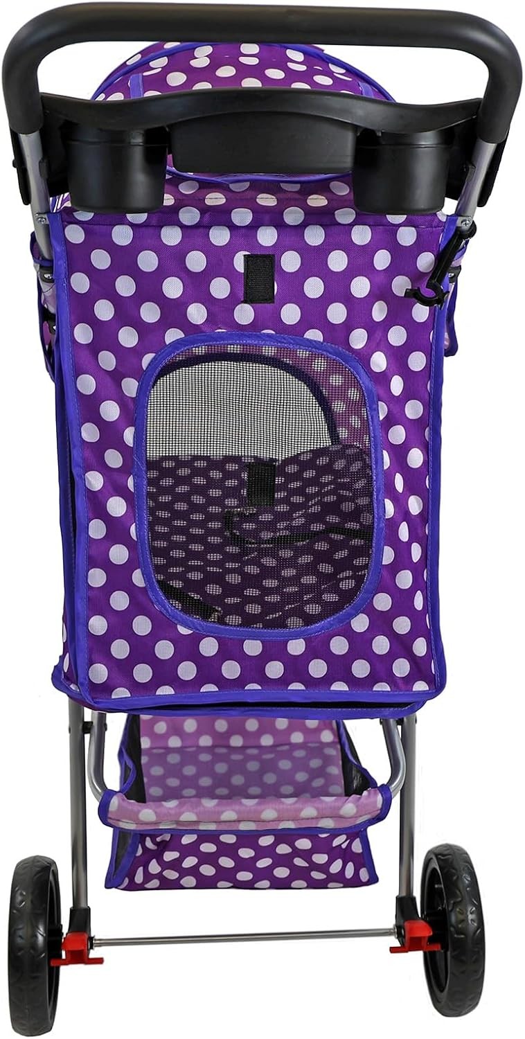 Foldable Pet Stroller 4 Wheel Puppy Pushchair Weather Cover Purple Dot - Kwikley