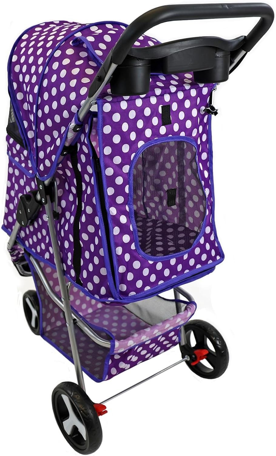 Foldable Pet Stroller 4 Wheel Puppy Pushchair Weather Cover Purple Dot - Kwikley