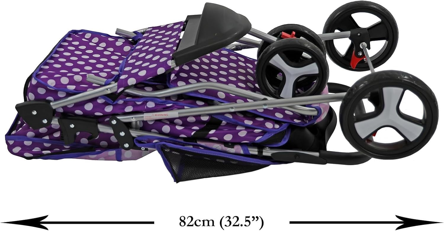 Foldable Pet Stroller 4 Wheel Puppy Pushchair Weather Cover Purple Dot - Kwikley