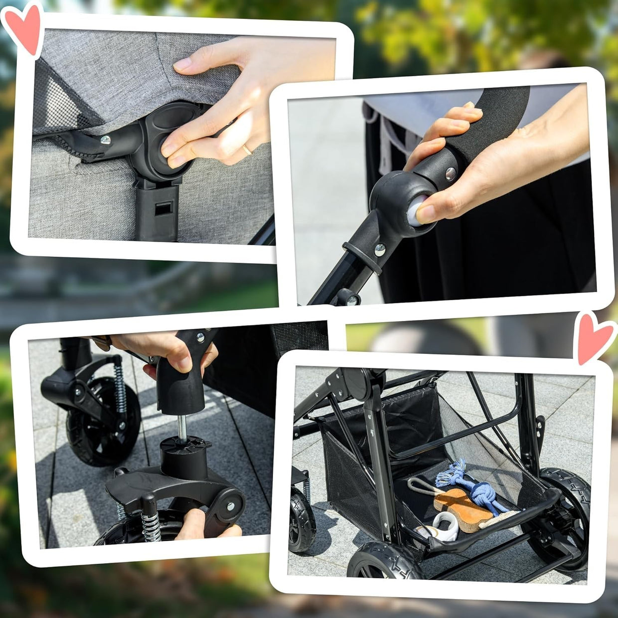 Foldable Pet Stroller Dog Pram with Detachable Carrier Shock Absorber Grey - Kwikley