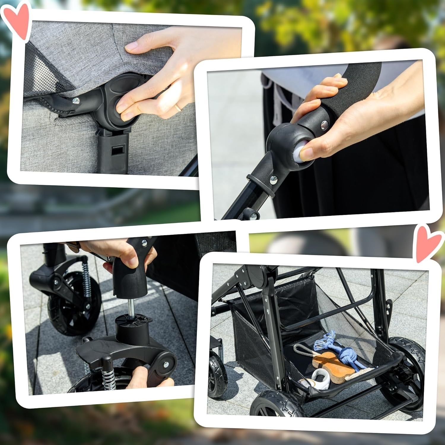 Foldable Pet Stroller Dog Pram with Detachable Carrier Shock Absorber Grey - Kwikley