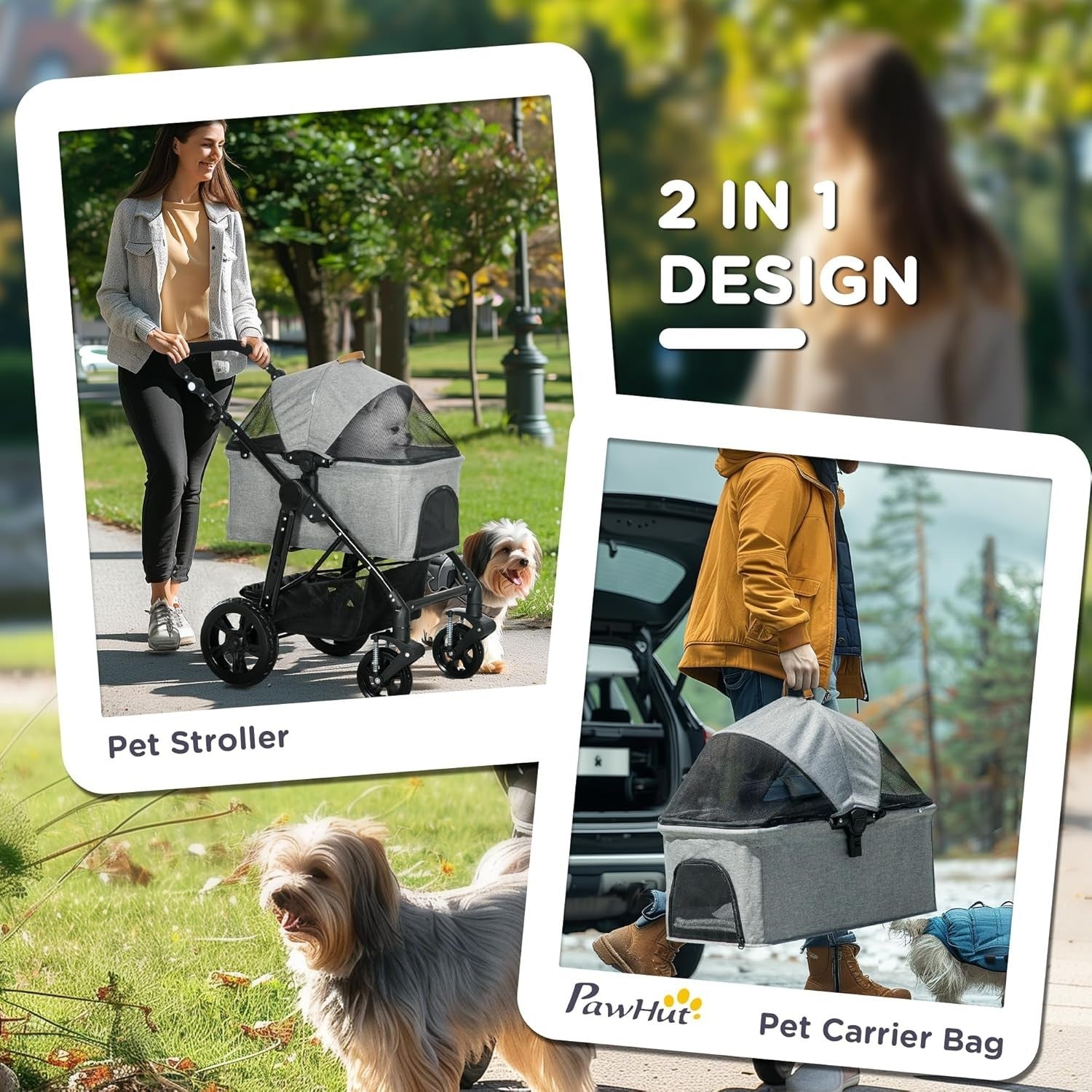 Foldable Pet Stroller Dog Pram with Detachable Carrier Shock Absorber Grey - Kwikley