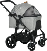 Foldable Pet Stroller Dog Pram with Detachable Carrier Shock Absorber Grey - Kwikley