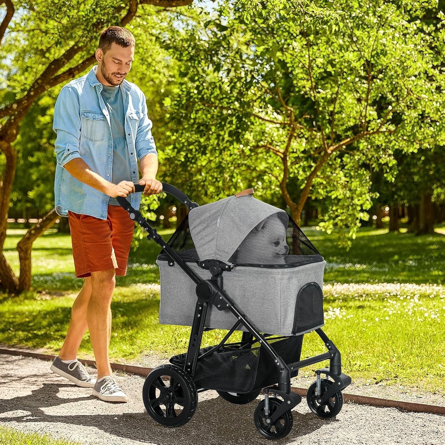 Foldable Pet Stroller Dog Pram with Detachable Carrier Shock Absorber Grey - Kwikley