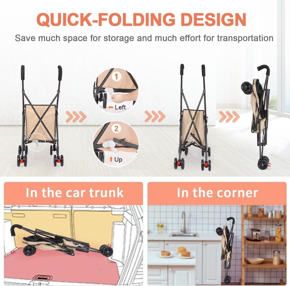 Foldable Pet Stroller Utility Wagon 60lb Heavy Duty Shopping Cart Khaki - Kwikley
