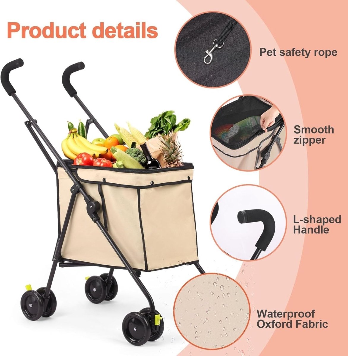 Foldable Pet Stroller Utility Wagon 60lb Heavy Duty Shopping Cart Khaki - Kwikley