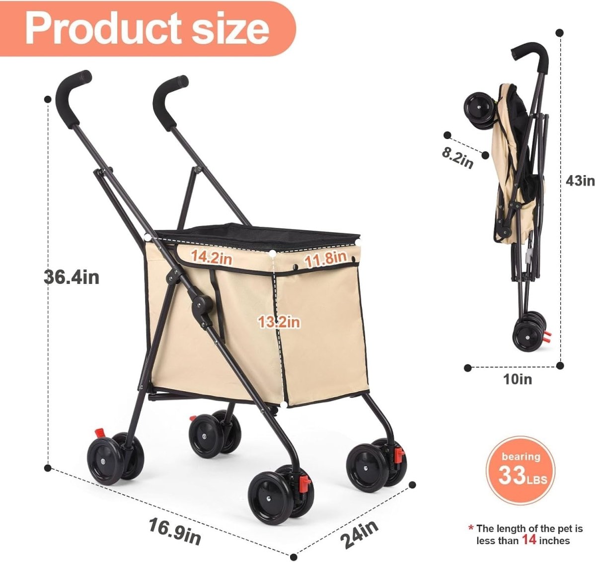 Foldable Pet Stroller Utility Wagon 60lb Heavy Duty Shopping Cart Khaki - Kwikley