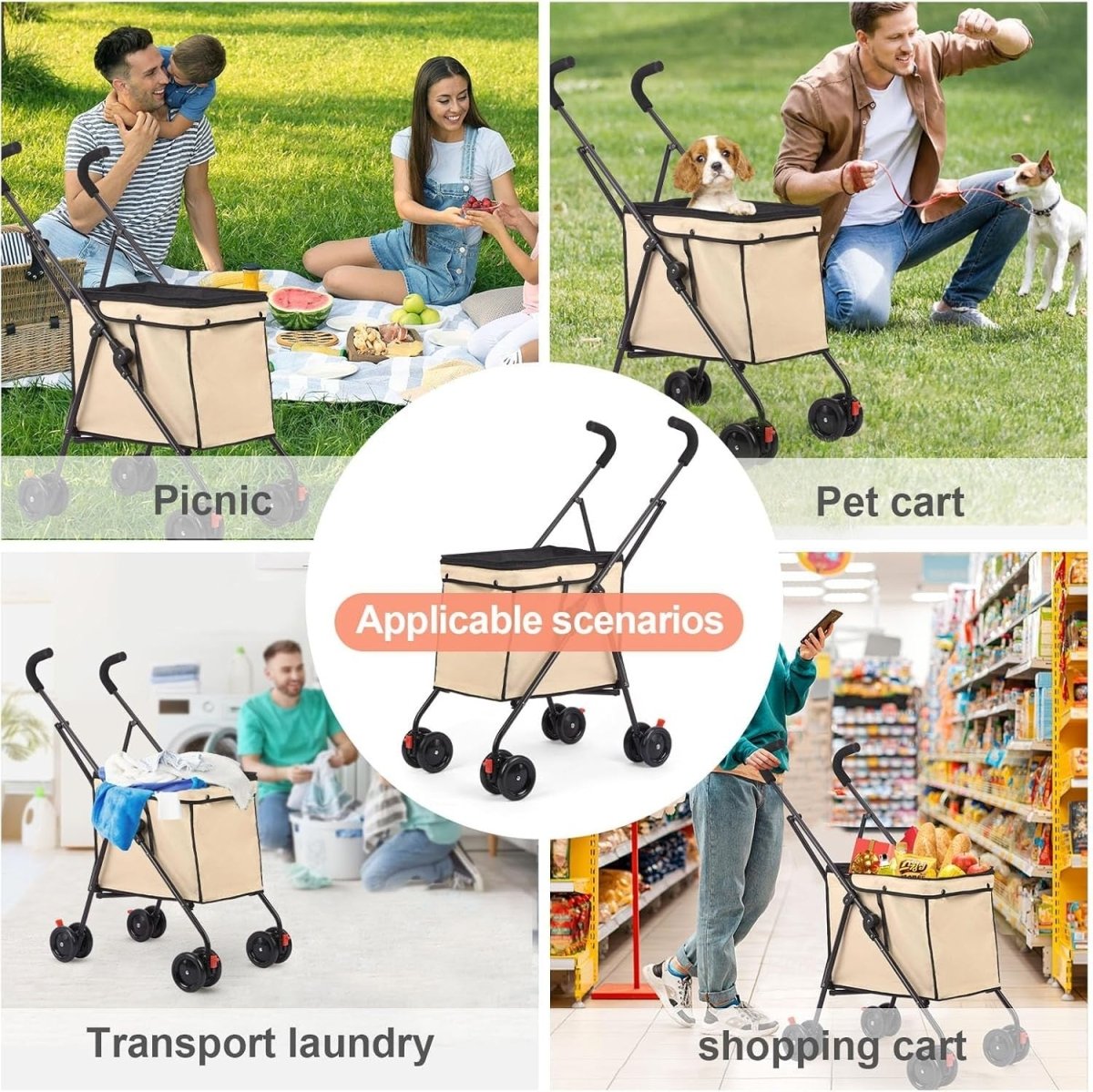 Foldable Pet Stroller Utility Wagon 60lb Heavy Duty Shopping Cart Khaki - Kwikley