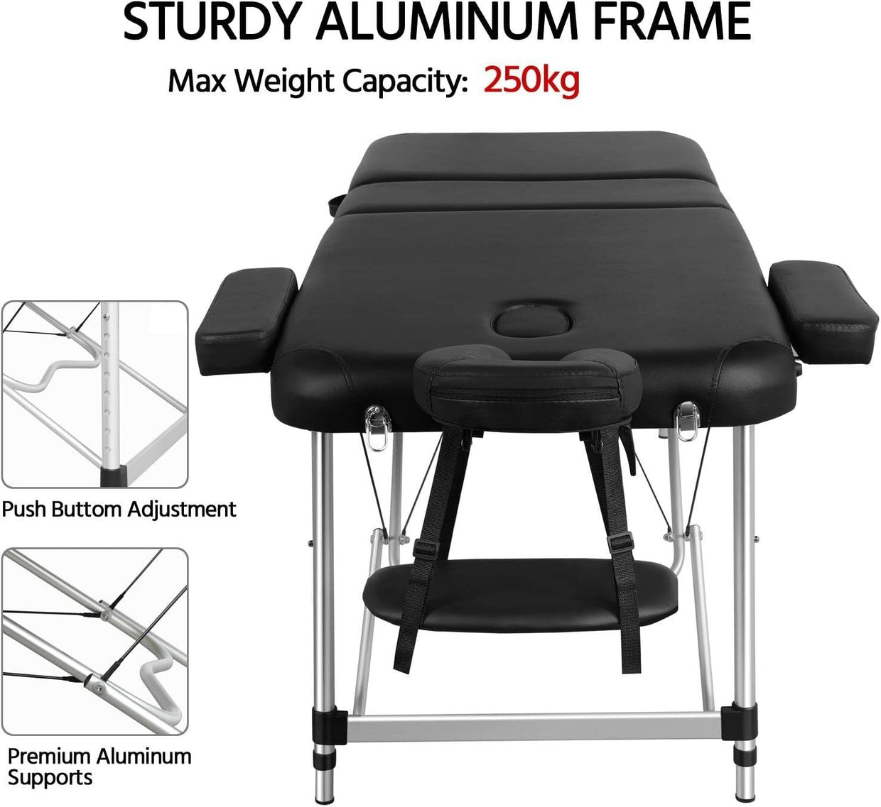 Foldable Portable Massage Bed 3 Section Lash Beauty Table Adjustable Height 70cm - Kwikley